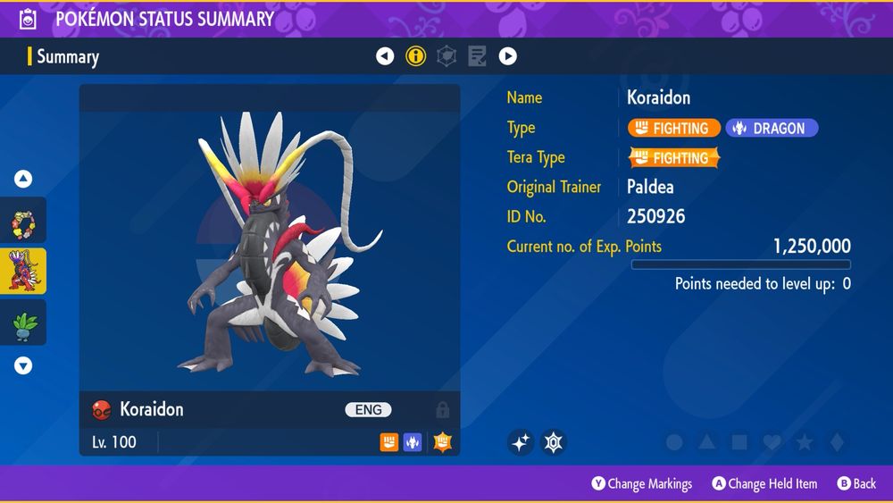 A screenshot from Pokémon Scarlet & Violet showing the summary of the Shiny Koraidon event from GameStop 