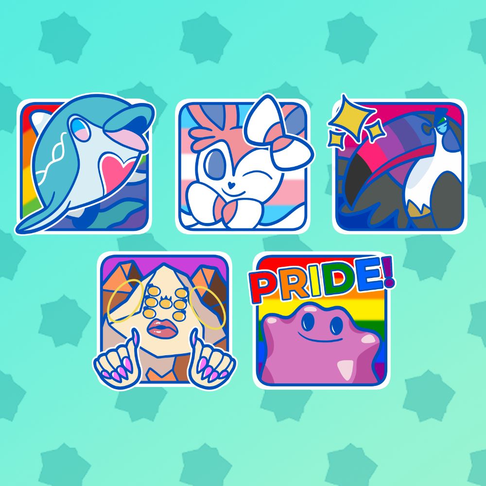 A preview of the PokePride emotes featuring Palafin, Sylveon, Toucannon, Regirock, & Ditto representing different areas of Pride either being placed in front of a trans, gay, or bisexual Pride flag or because their natural color scheme aligns with various Pride flags.

Regirock specifically is representative of the Regirock with a handbag memes that began in 2024.