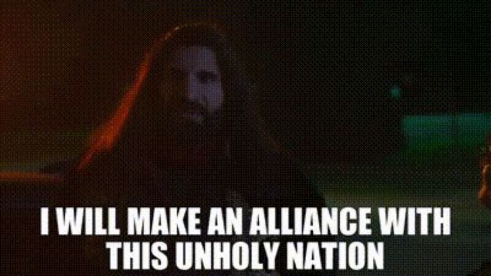 "I will make an alliance with this unholy nation" text over picture of a man