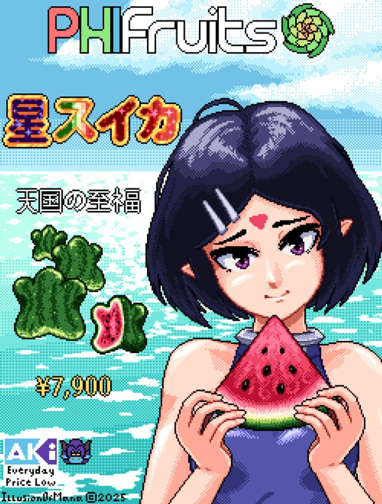 A fake Japanese style advertisement for fictional star shaped watermelons. The brand name at the top is "PhiFruits" followed by a circular flower. The Japaneses text reads "Star Watermelon" or hoshi suika" and "Supreme Bliss of Heaven" or "tengoku no shifuku". Four star watermelons are presented under the Japanese text one showing a quarter cutout to show the pink and seeded inside of the melon.
The price is 7,900 Japenese Yen. Under that is an AKI brand marker a parody of the OK Market Japanese superstore. The background is a slightly overcast sky with an ever stretching teal blue ocean reaching far into the skyline. The character presented is holding a slice of watermelon up in front of her smiling. She is wearing a blue swimsuit, has dark chin length hair with two hair clips in her bangs, has short elf ears, purple eyes, and a red triangle facing down on her forehead. 