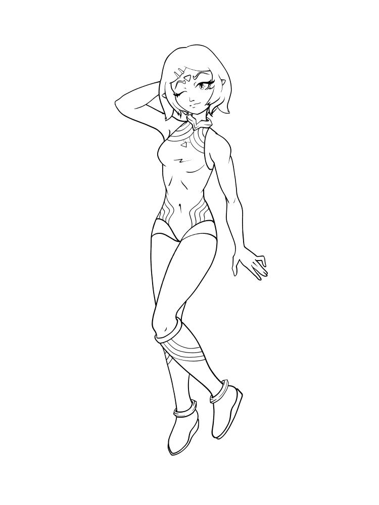 A character striking a cute pose as if someone's taking her photo. She's wearing a one piece suite similar to a one piece swimsuit or leotard. She has matching knee high boots as well. Her hair is chin length and she holds her bangs back with hair clips. She also has elf ears and a tattoo of a triangle facing down on her forehead. 