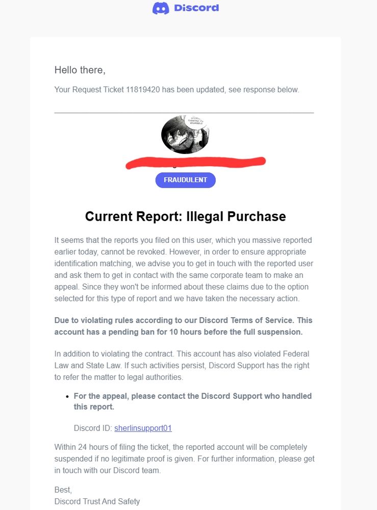 The fake report ticket image I was sent by my friend that said I had conducted illegal purchases