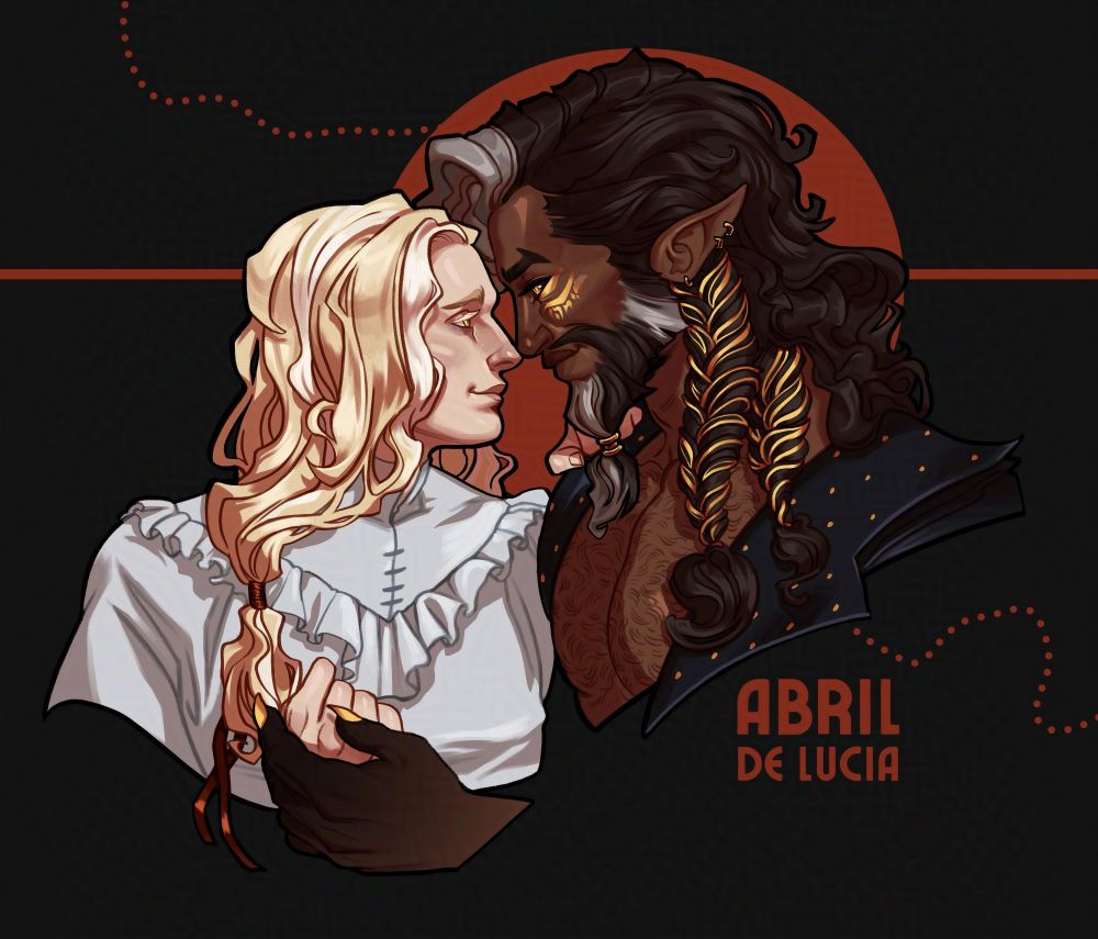 Illustration of a fantasy couple - Percy (pale, long blond hair with white streaks and totally not a werewolf.) touches his nose against Zarath's.(dark skin, golden eyes and fiery markings, long brown hair with gray and gold intertwined and totally not a demon.)