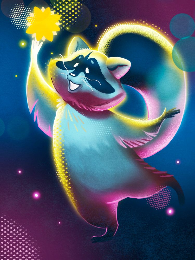 Archie the raccoon reaching up towards a star. Drawn in a colorful póster style.