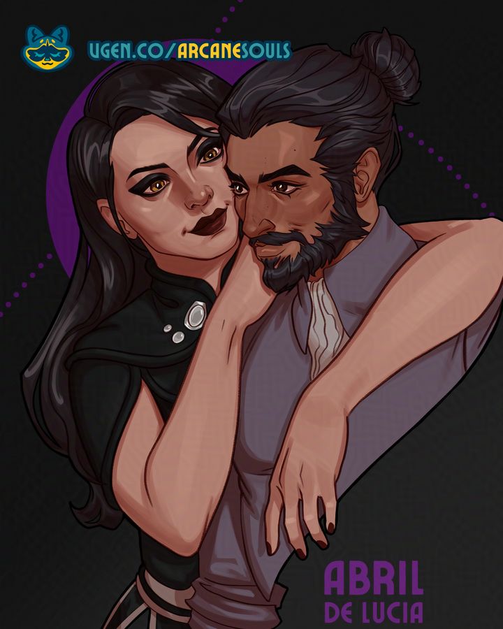 Katia, a rook with heavy, dark witchy makeup, hazel-yellow eyes and flowing dark hair, leaning on Lucanis's shoulder. Lucanis is a handsome man with brown skin and long, dark hair up in a bun. He's a companion in Dragon Age The Veilguard.