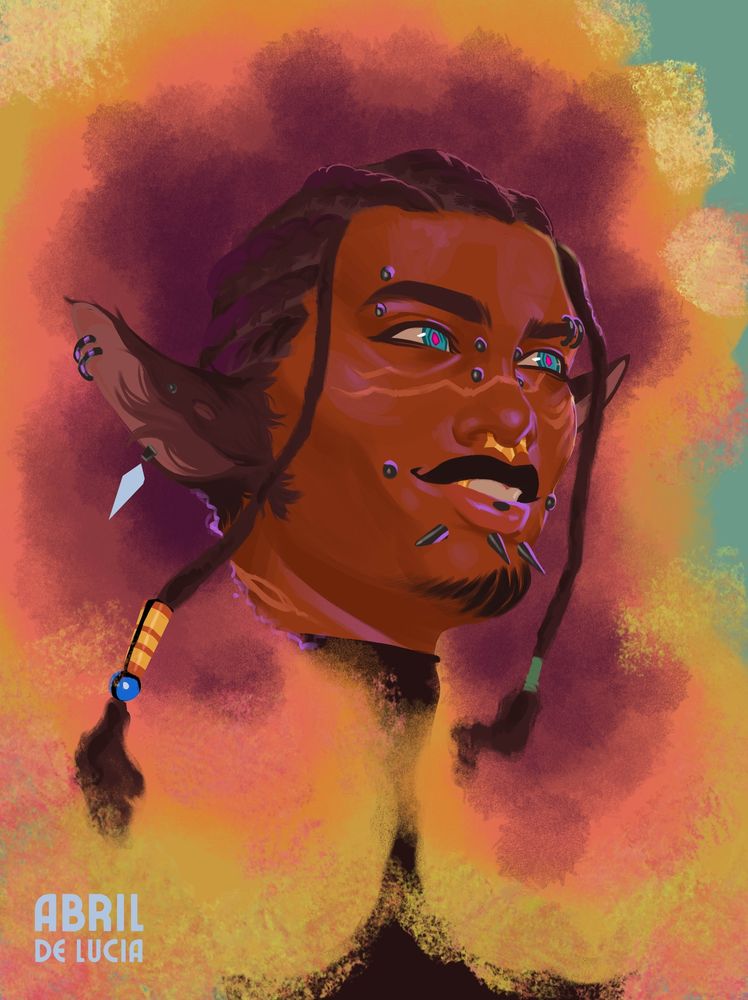 Colorful portrait of a smiling black character with several piercings and animal-like ears. Their hair is braided back down their head and then loose in a colorful afro. Their face is scarred and their eyes are blue and magenta. 

Character by 4thangeli
