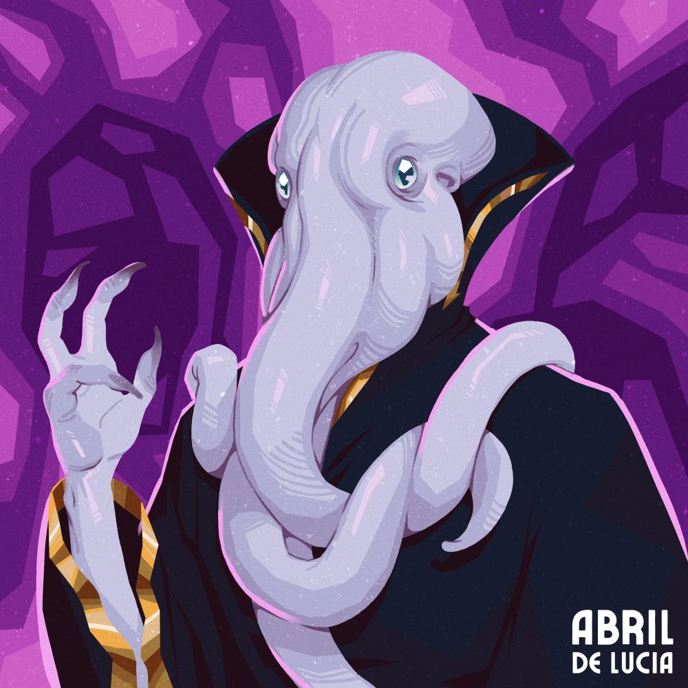 Illustration of a pale lilac mind flayer wearing a dark blue tunic. It's face tentacles are draped over its chest like a scarf, one four fingered hand raised. Its features are soft, eyes big and sparkling. The background is a purple and magenta swirl of magic. This character belongs to Dyrnn.