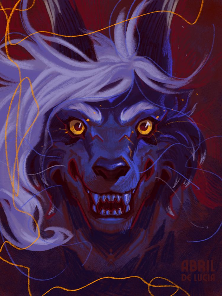 Portrait of a werewolf stylized in gritty red and blue.