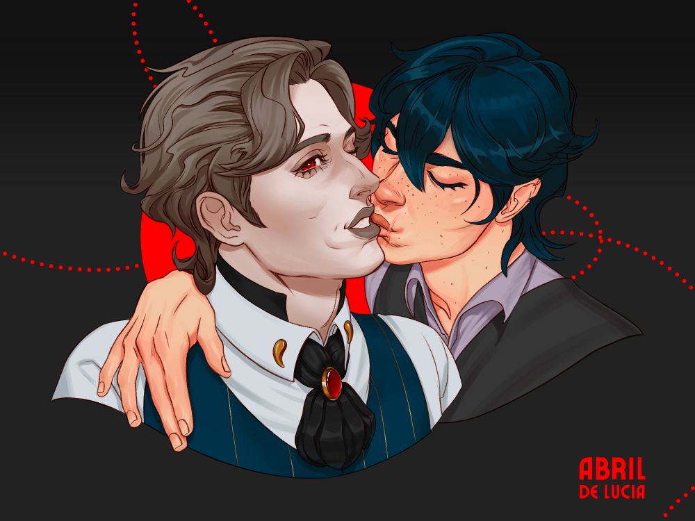 Individual with dark hair and freckles smooching their SO's cheek lovingly. 