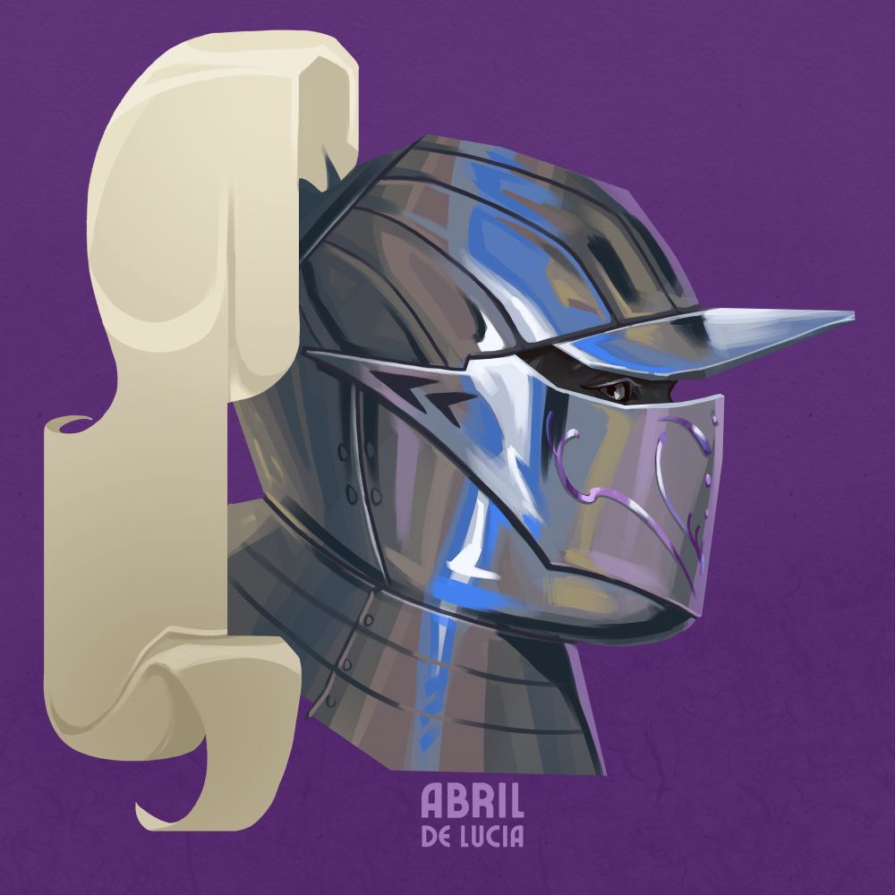 Painted portrait of a Lolth sworn drow paladin looking at us through the ocularium of her Savoyard-style close helmet.