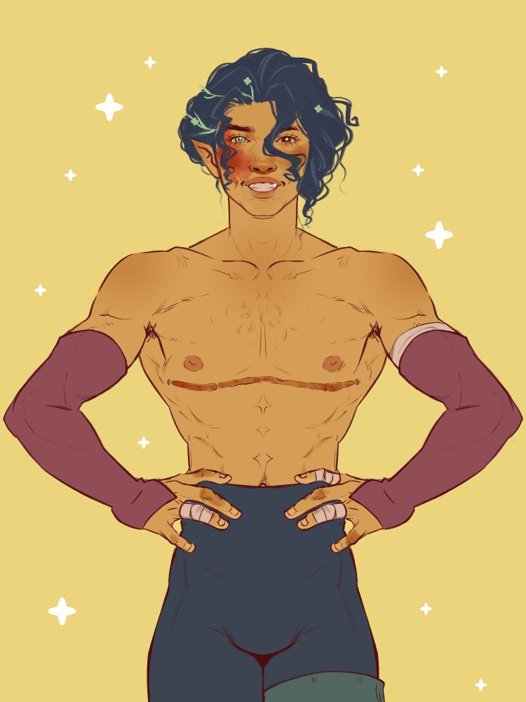 Cheerful illustration of a u young trans man shirtless in ballet warmers. There are garlands pining up his coily hair. There's a big red birthmark on the side of his face. His hands are on his waist and he smiles gracefully. 