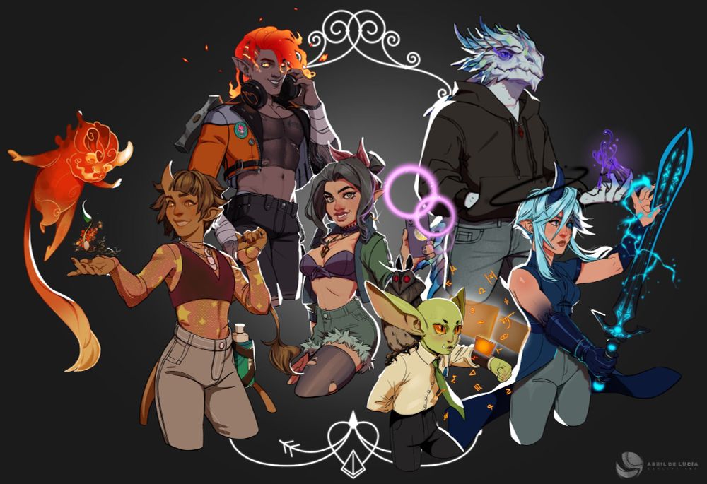 Dynamic illustration of a ttrpg party including elves,  a goblin, dragonborn, fire genasi and tiefling. 6 members. 