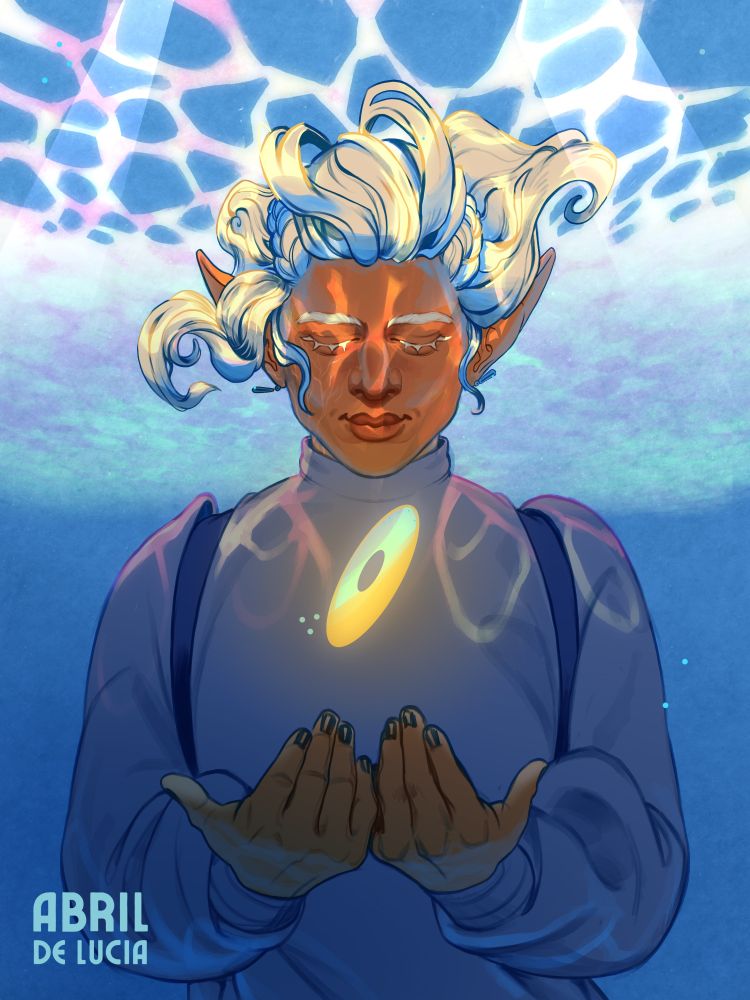 Half Body painting of a young elf with bronze skin and light hair. He is underwater, wearing blue, with a serene expression and a smile. He is cupping a golden coin in his hands, and the caustics of the sea surface are cast on his head and shoulders in iridescent colors.

Emrys (he/him) belongs to Halflngs.