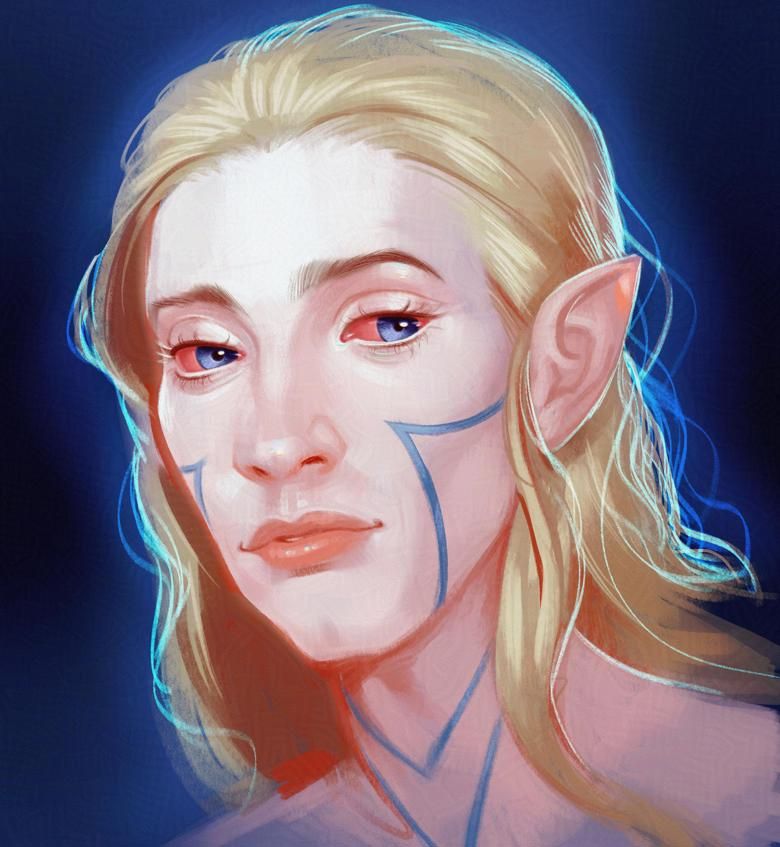Portrait of Arbane, a pale androgynous elf with piercing blue eyes, long white-blonde hair and blue tattoos.
Portrait of Arbane, a pale androgynous elf with piercing blue eyes, long white-blonde hair and blue tattoos.
