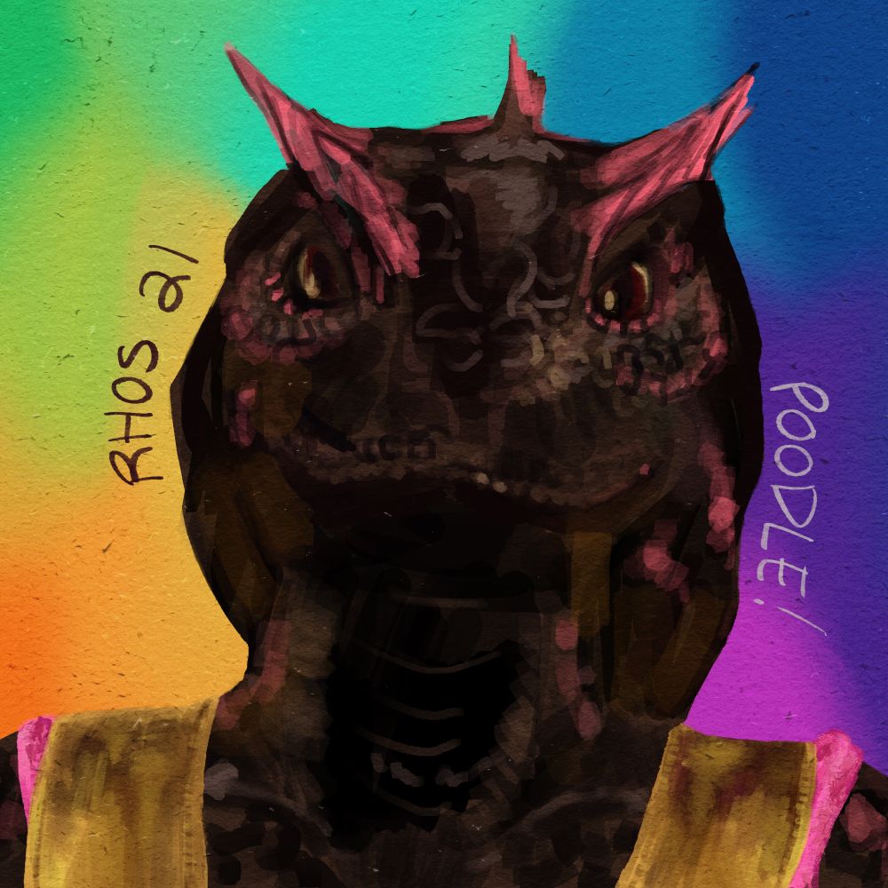 Digital painting of a pink and black iksar from EverQuest II wearing some outfit Harley Quinn wears in the Birds of Prey movie. The background is colorful.