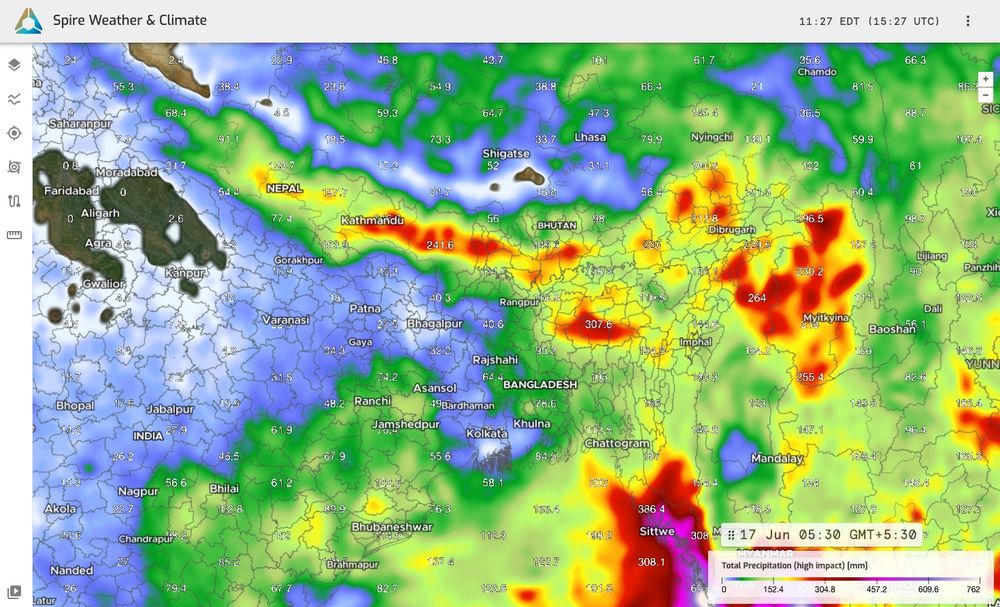 A Spire Global Forecast shows intense rainfall persisting in Northeast India, with local amounts of 300 mm in Meghalaya.