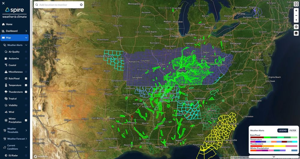 A DeepVision map shows freeze warnings in purple and flood warnings in green.