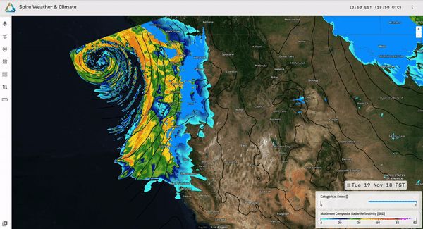 The Spire High-Resolution Forecast shows the composite radar reflectivity, mean sea level pressure contours, and categorical snow as a storm and atmospheric river impact the West Coast.