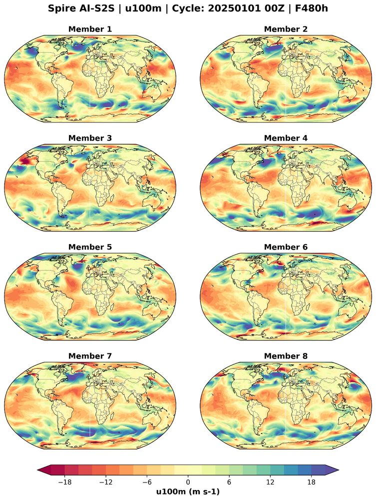 A snapshot of several ensemble members generated by Spire Global's AI S2S model which is expected to have 200 members operationally.
