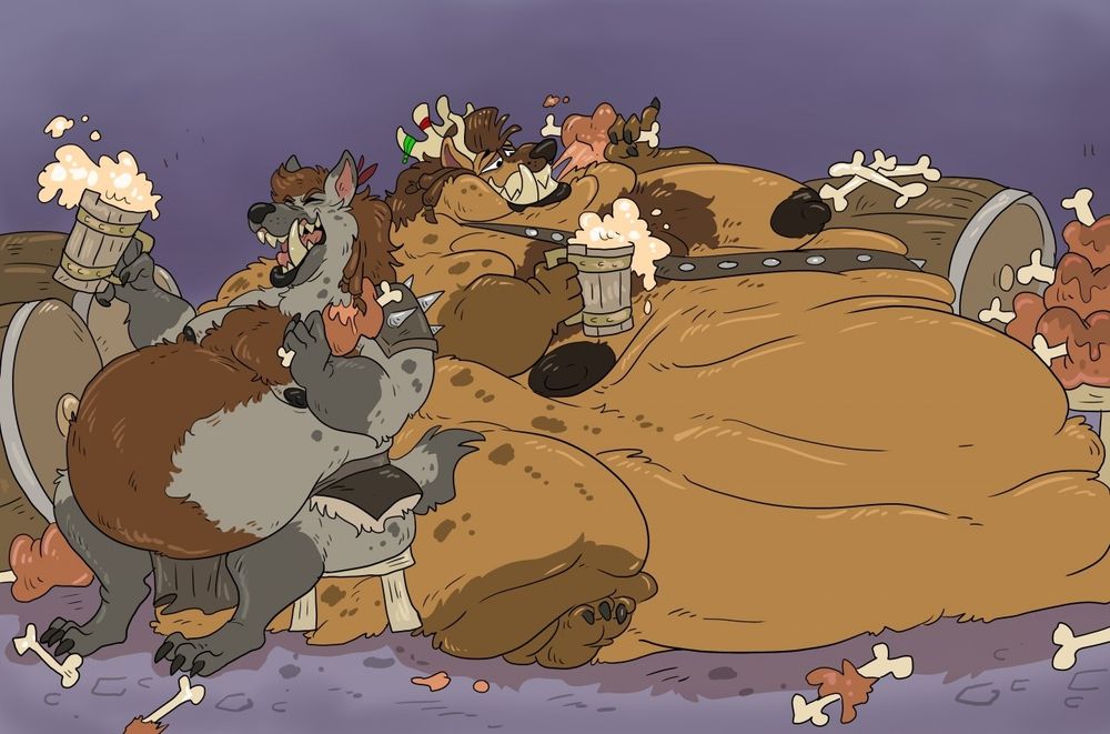 2 fat gnolls, one much much fatter than the other enjoying copious amounts of meat and beer.