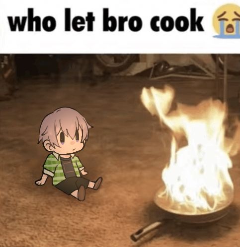 meme redraw of a cat looking at a burning pan with the caption "who let bro cook 😭" with hakita instead of the cat