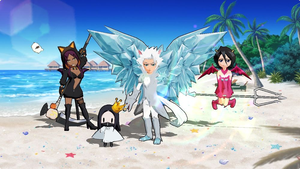 Yoruichi dressed as a cat girl, Toshiro dressed as a werewolf, and Rukia dressed as a succubus; all ready for Halloween.
While on a beach in the Summer.