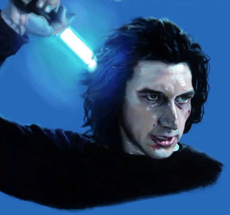 Ben wearing his good boy sweater, receiving the lightsaber behind his head.