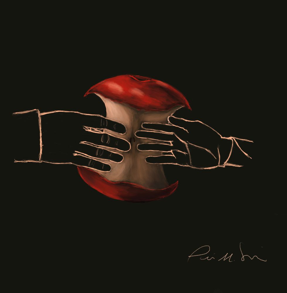 A half eaten apple with Rey and Ben’s hands trying to touch from opposite sides of the apple. Drawn in Procreate with pencils and acrylic brushes.