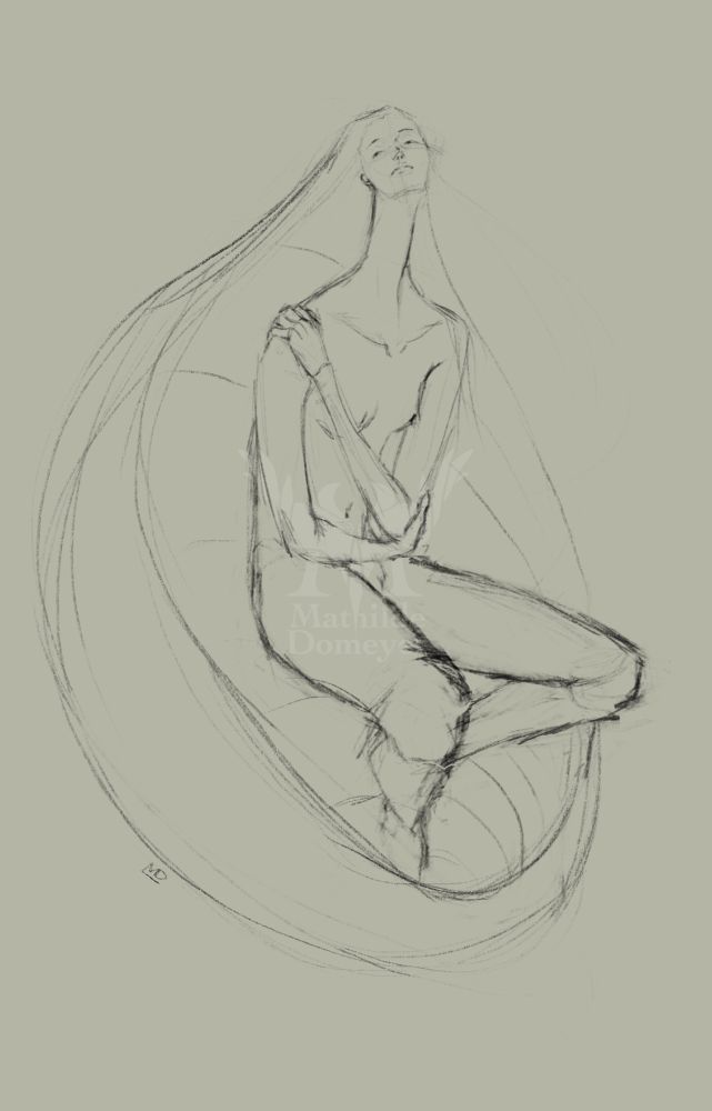 Person floating, arms are held close to torso loosely, legs are halfway folded upwards, person looking slightly up and to the left, hair is long and flows down into a round shape, turning into a sort of concave form the person is floating in