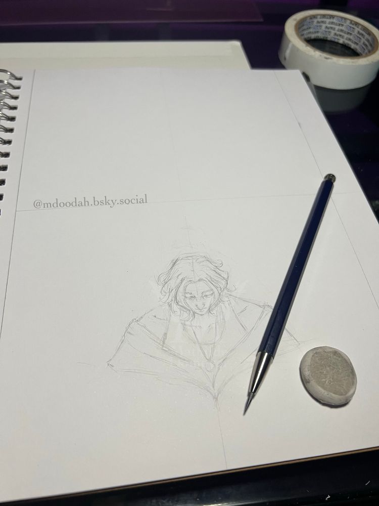 Picture of an open sketchbook with a pencil and eraser sitting on top, partially done sketch of a person looking down