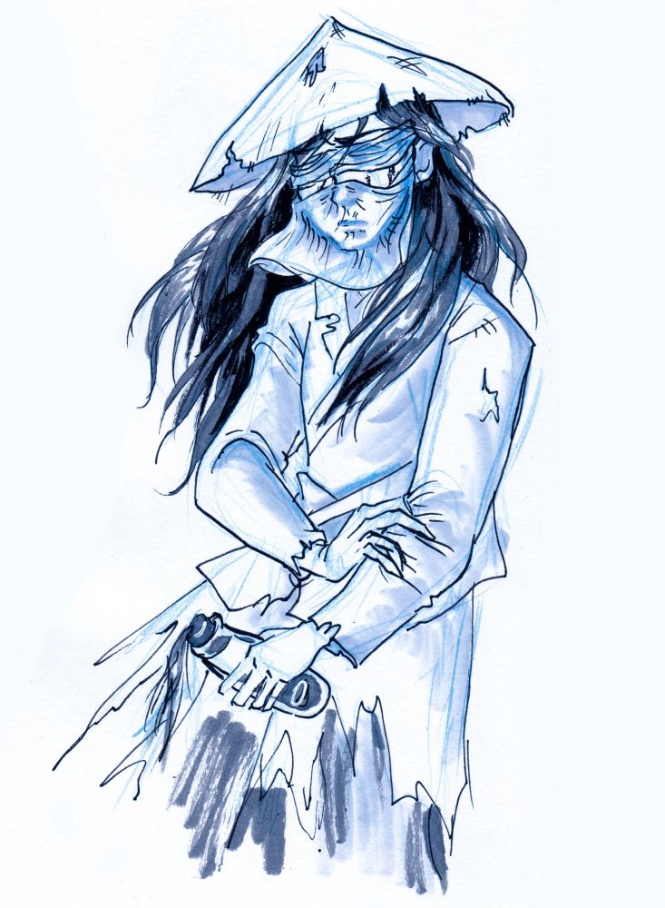 black-and-white ink sketch of shi mei 2.0 from the knees up in his post-canon state. A young man with long dark hair, a tattered straw hat, bandages over missing eyes, tattered white robes, and holding a bottle of medicine with a hand-made paper seal
