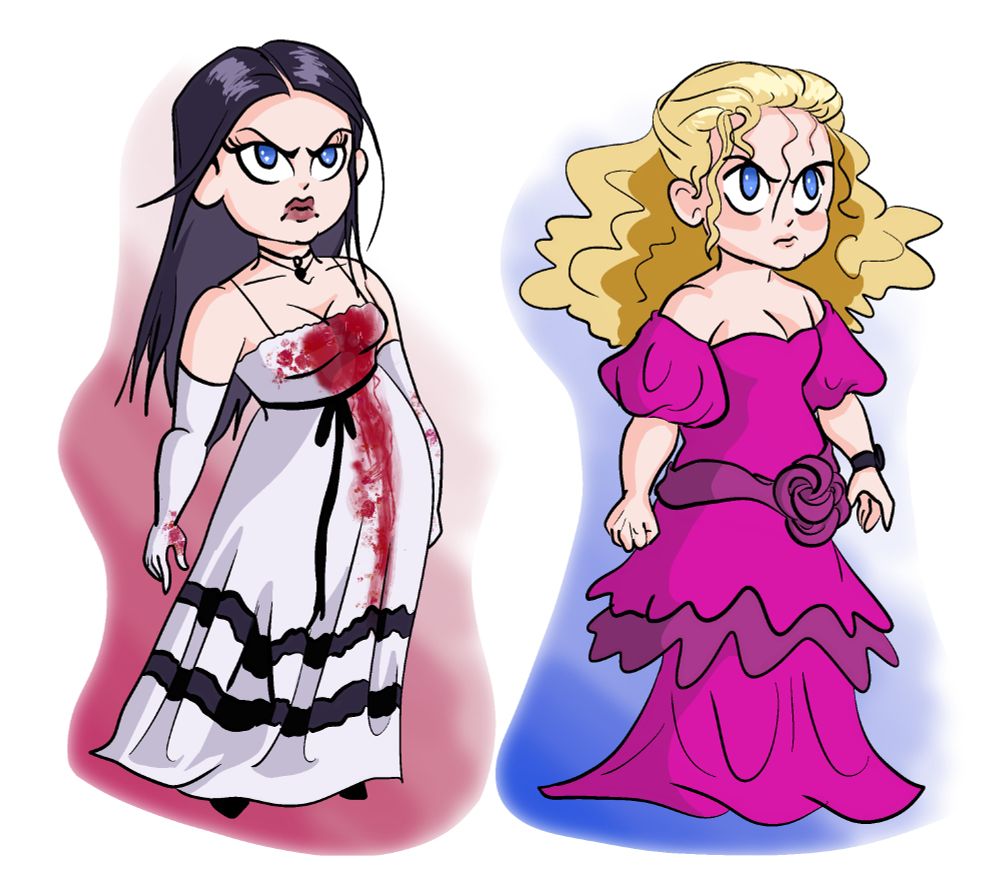 Stylized simple drawings of Jennifer Check (in her bloody white dress and opera gloves with blood splatter) and Needy Lesnicki (in her pink, puff sleeved formal dress)