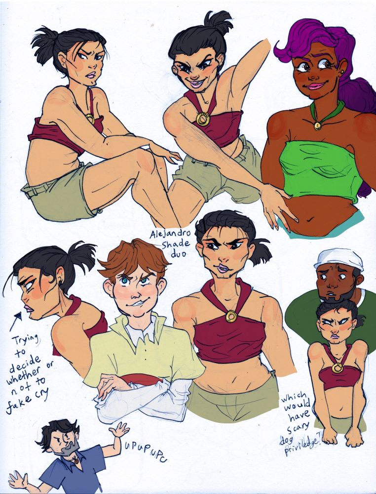 sketchbook page of total drama characters (character designs current to total drama world tour). In one, Heather sits in profile; in another, Heather is pictured leaning forward—having thrown something down; in on, Heather glances over her shoulder with the note “trying to decide whether or not to fake cry”. In one waist-up drawing, a smirking Heather and Cody are labeled “Alejandro shade duo.” In one waist-up sketch, Heather stands angrily, fists at sides, while a concerned DJ stands behind her next to a note reading “which would have scary dog privilege?” a tiny, stylized chris mcclain doodle in the bottom left corner grinning with “upupupu” (monokuma laugh) next to him.