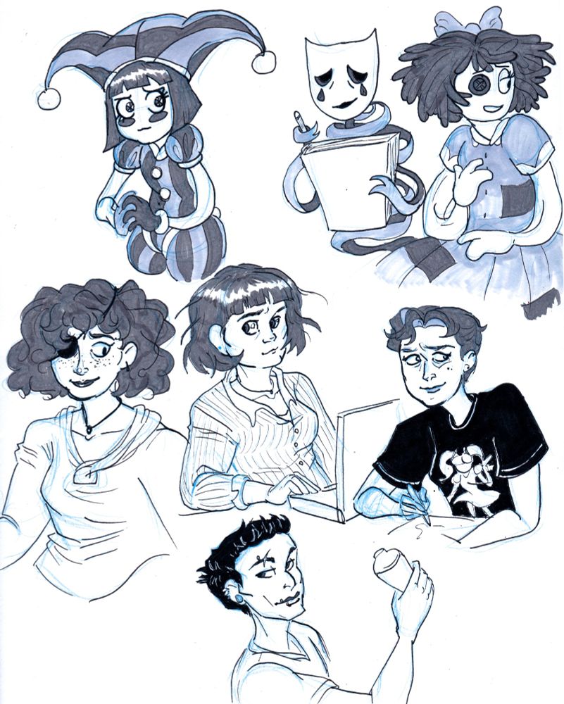 sketchbook page with waist-up sketches done in shades of grey and black ink of characters from Amazing Digital Circus. The first row is Pomni, Gangle, and Ragatha. The second row contains sketches of Ragatha (a human woman with curly hair, freckles, a long-sleeved blouse, and an eyepatch), Pomni (a woman with a slightly unkempt bob cut, a long-sleeved button-down, and a laptop), and Gangle (a woman with short hair, a t-shirt with an anime girl on it, and a pencil). The bottom of the page has a human sketch of Zooble (a person with short blakc hair, piercings, and a v-neck, holding a cocktail shaker)