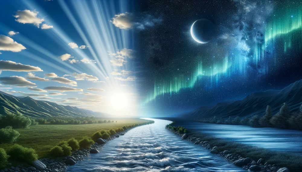 A DALL-E drawn scene where the left side is day time and the right side is nighttime. The view is a landscape flanked by mountains with a river going off into the distance. The day sky has a sun, clouds, and streaks of sunlight. The night sky has stars, the moon, the Milky Way, and a aurora.