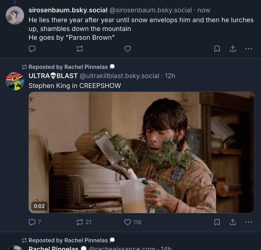 my last skeet followed by a post of a gif of Stephen King in CREEPSHOW, trying to drink some kind of smoothie