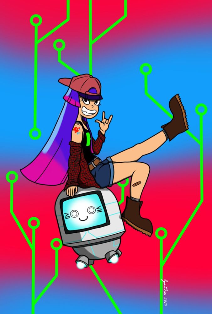 Miko from the animated series, Glitch Techs, is sitting on top of the robot assistant, B.I.T.T. from the same shoe. She is wearing a red baseball cap backwards, a red flannel shirt on top of a black tank top, denim shorts and belt, and hiking boots. She has one leg raised in the air while giving a rock-n-roll gesture with her left hand. There is also a tattoo of her bird companion, Ally, on her right arm. Green circuits can be seen running along a blue and red background.