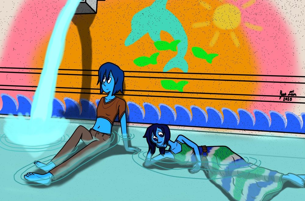 Lapis Lazuli and Nice Lapis from Steven Universe, relaxing in a fountain with their clothes on. Lapis (left) is wearing an orange crop top and brown pants, while Nice Lapis (right) is wearing a blue & green tye-dye dress with a loop belt around the waist.

The wall behind them has a colorful design of some ocean waves, some green fish, a teal dolphin, and a sun. There is a fountain head on the wall left of Lapis that is pouring water into the fountain proper.