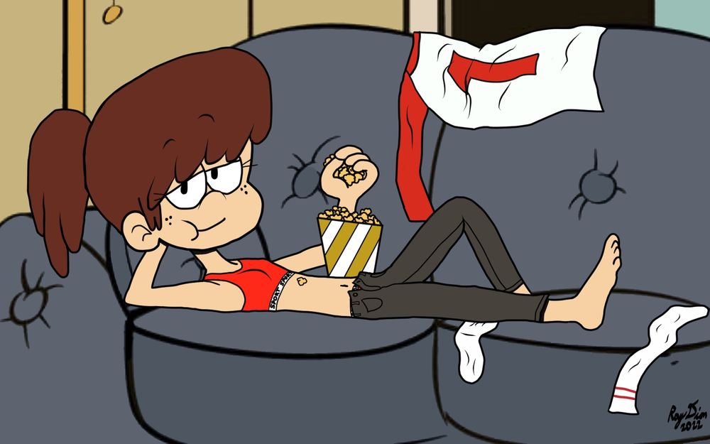 Lynn Loud from The Loud House relaxing on the couch, eating popcorn and watching TV. Her family has gone out for the day so she is only wearing her jeans and sports bra. Her red-and-white long-sleeved shirt with the number one on the front is thrown on top of the couch.