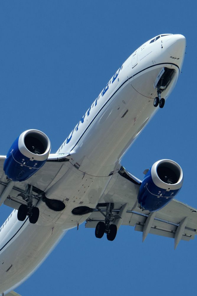 A low-angle shot captures a United Airlines Boeing 737-9 as it descends against a clear, bright blue sky. The aircraft, predominantly white with a visible grey belly and dark blue engines, is seen from below and slightly to the front.The word "UNITED" is partially visible in large blue letters along the fuselage. Its landing gear is extended, and the front landing gear doors are open. 