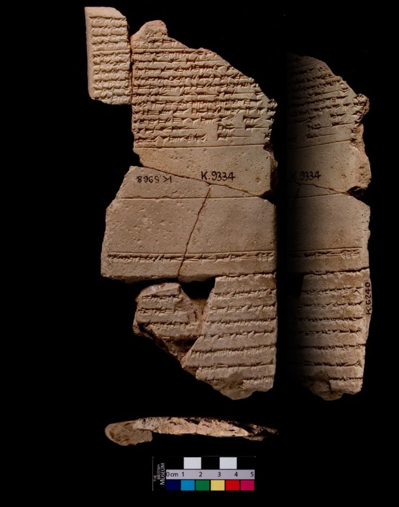 A fragmentary clay tablet with broken lines of text preserved. At the bottom is a multicoloured ruler showing that it is about 7cm wide. On a blank portion is written in ink upside down “K. 5968” and right-side up “k 9334”, meaning that these are two different fragments joined together to make a fragmentary whole.