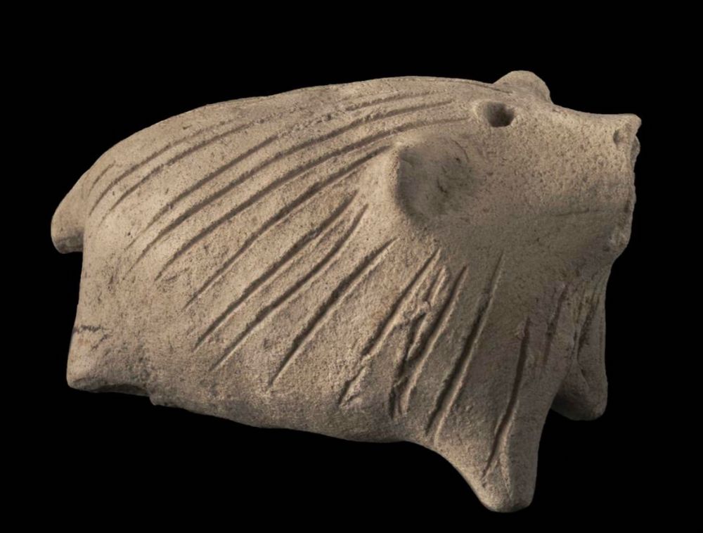 Photo of a beige terracotta rattle shaped like a pig with incised lines. The snout is broken off