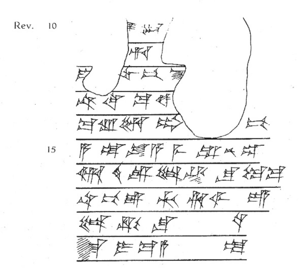 Drawing of a cuneiform tablet. It is the back of the tablet, and on the left the number 10 appears by the first line and a few lines down, 15 is written at line 15 of the tablet (which is the sixth visible line in this drawing)