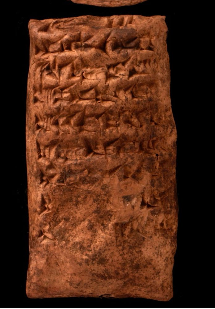 Photo of a portrait shaped clay tablet with well-preserved cuneiform signs.