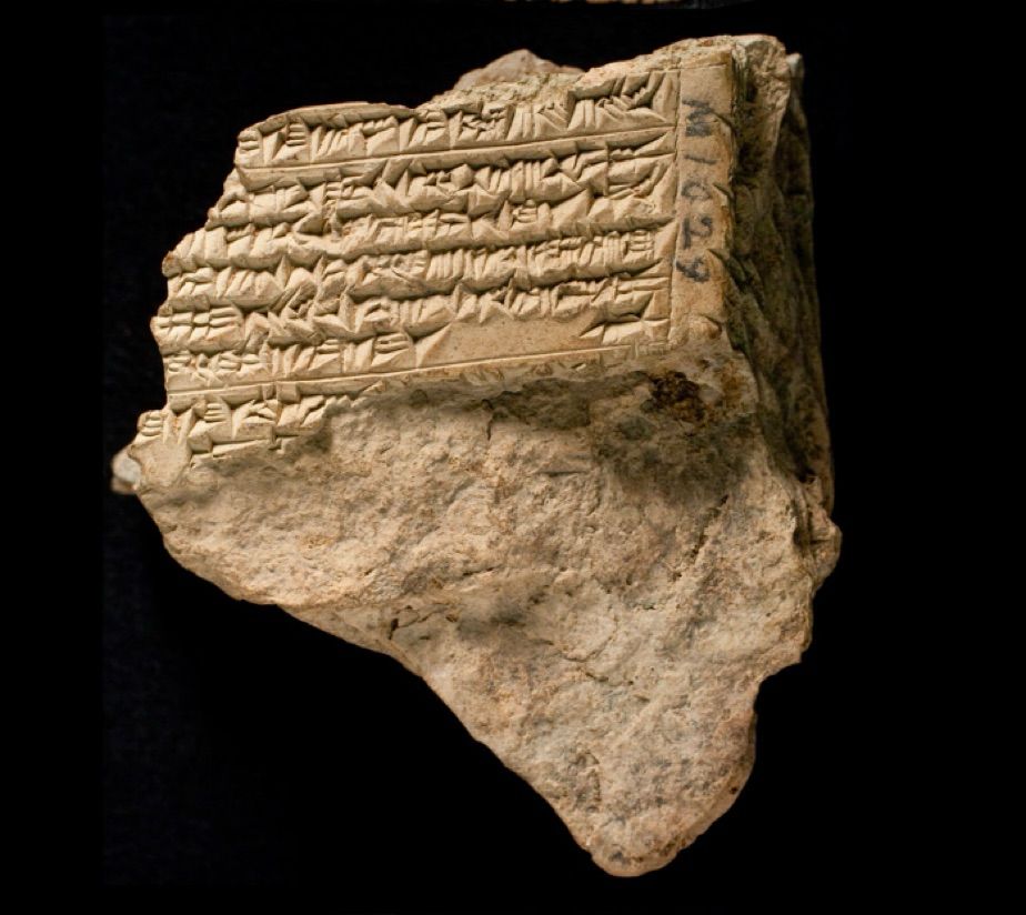 Fragment of a cuneiform tablet with about 5 surviving but broken lines of text. 