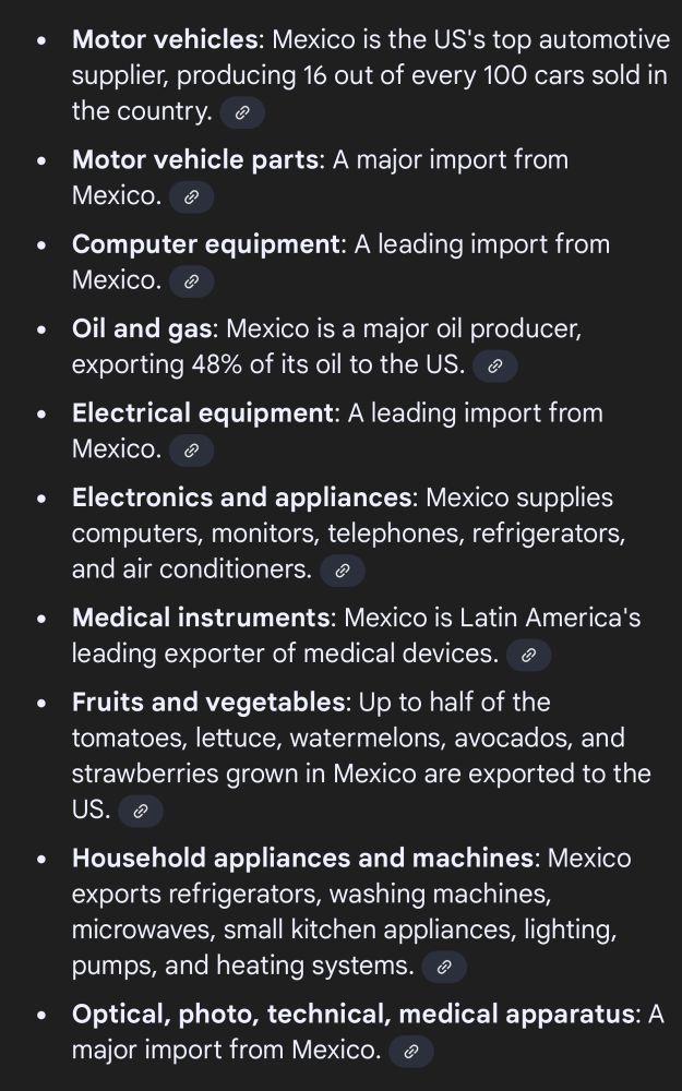List of the top 10 imported items from Mexico into the US including cars, car parts, fruit and vegetables, computers, phones and appliances. 