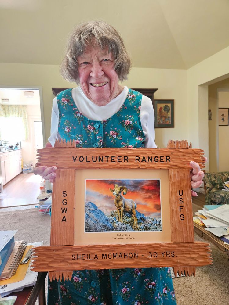 Elderly woman holding a volunteer ranger plaque with a bighorn sheep photo