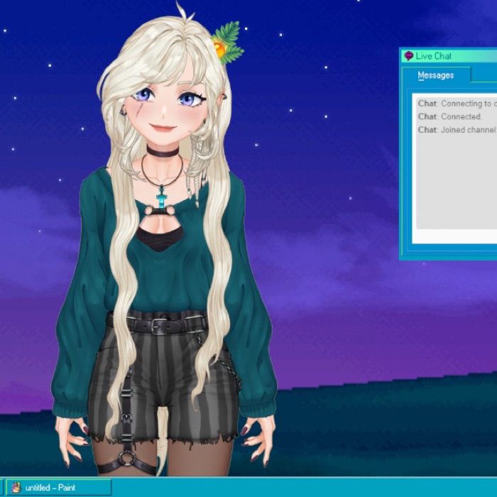 The N00K1E as her Vtube avatar, an anime girl with white hair and a friendly smile, chatting, gaming and having a good time! 