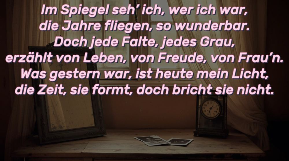 Ein antiker, leicht angelaufener Spiegel, der auf einem Holztisch steht. Im Hintergrund ein offenes Fenster mit wehenden Vorhängen, durch das warmes Sonnenlicht fällt. Auf dem Tisch liegen verstreute Fotos oder eine alte Uhr, um die Vergänglichkeit zu betonen.

#Zeit #Erinnerungen #Leben #Poesie #Nachdenklich