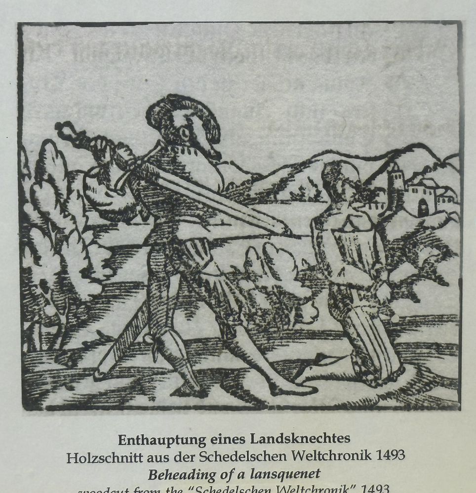 Woodcut from 1493, Beheading of a lansquenet, showing an executioner about to behead the kneeling victim with the longsword.